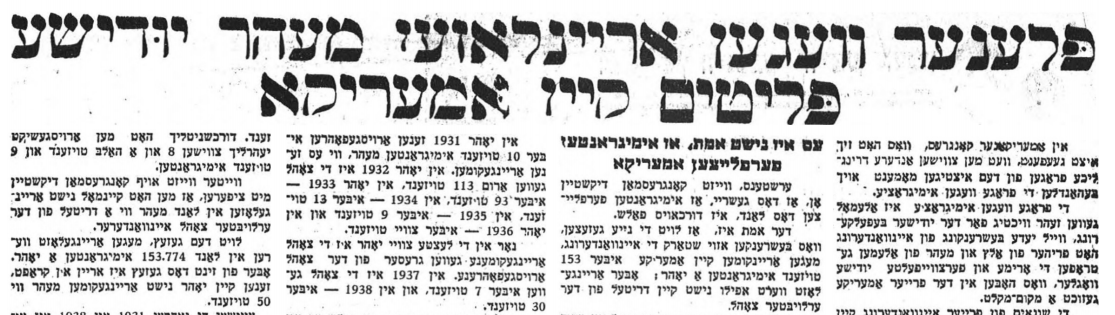 <p>Newspaper article “<em>Plener vegn araynlozn mehr yidishe pleytim keyn amerike” </em>[Plans to let more Jewish refugees enter America] from <em>Unzer</em> <em>Bialystoker Ekspres</em>, January 23, 1939.</p>
