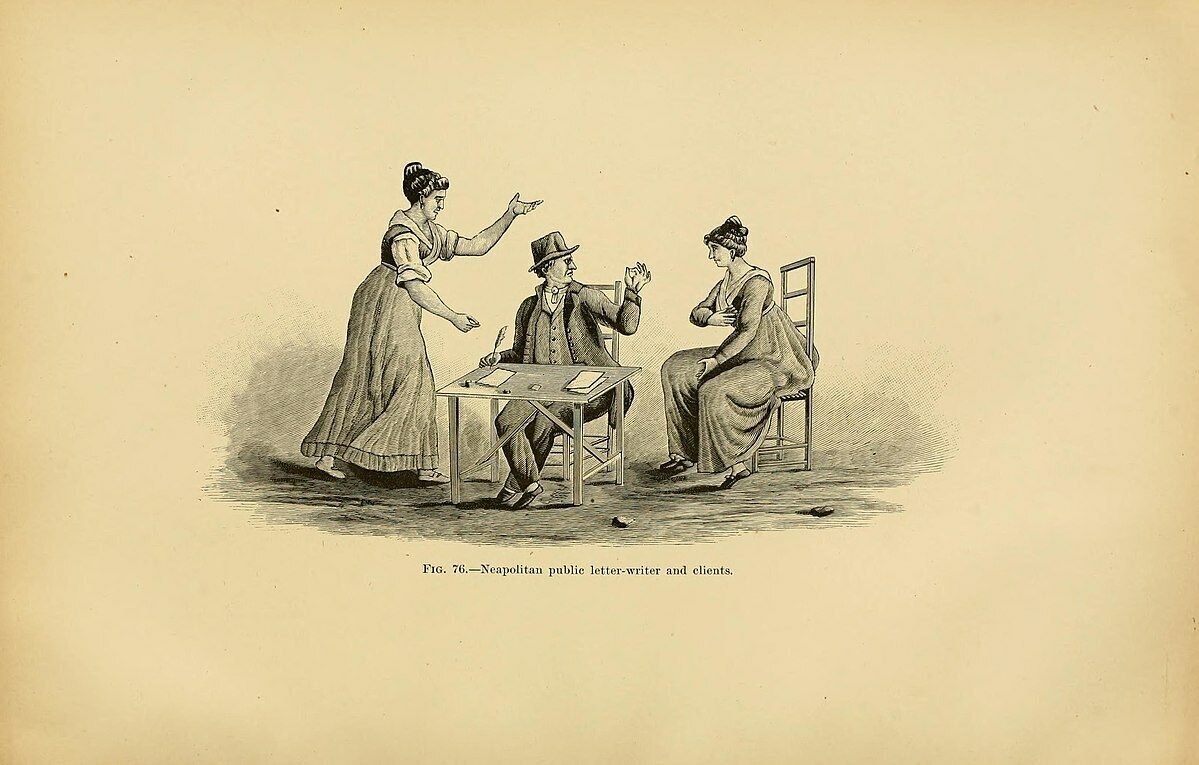 <p>Image: “Neapolitan public letter writer and clients” <em>First Annual report of the Bureau of Ethnology to the Secretary of the Smithsonian Institution, </em><em>1879-1880. </em>(Washington: Government Printing Agency, 1881), via the <a href="https://www.biodiversitylibrary.org/page/26499871#page/435/mode/1up">Biodiversity Heritage Library</a>.</p>