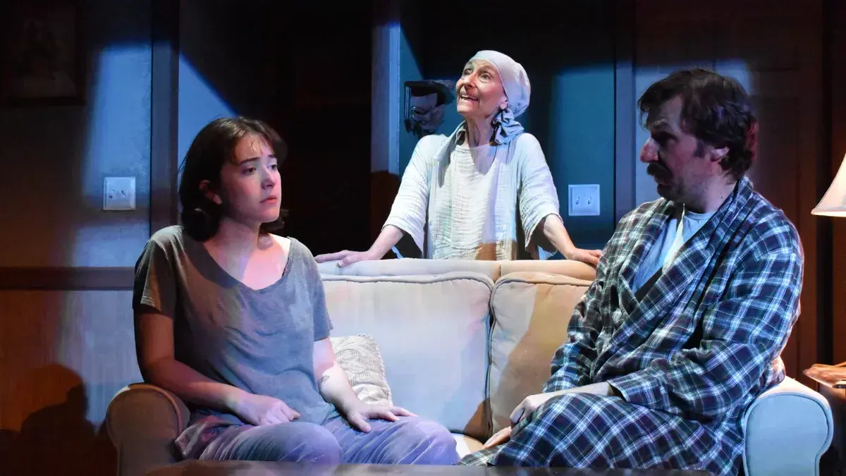 <p>From left, Kaitlyn Zion, Stephanie Satie, and Dan Hodge in InterAct’s ‘The Last Yiddish Speaker.’ (Photo by Seth Rozin.)</p>