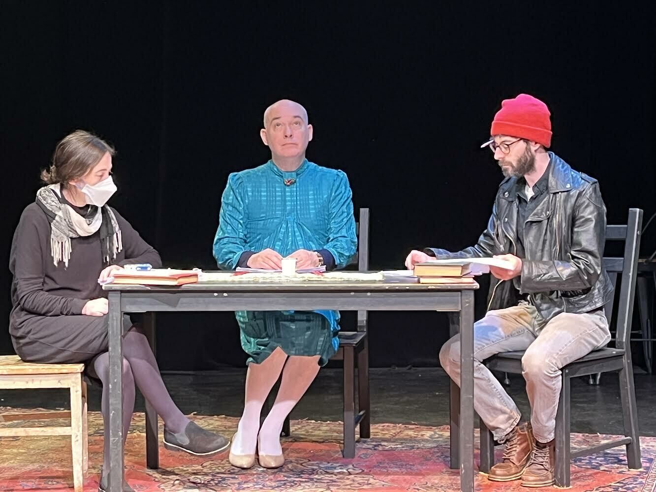 <p>Rehearsal for <em>Shtumer Shabes</em>, December 2024. Left to right, Alona Bach, Shane Baker, Noah J. Mitchel.</p>