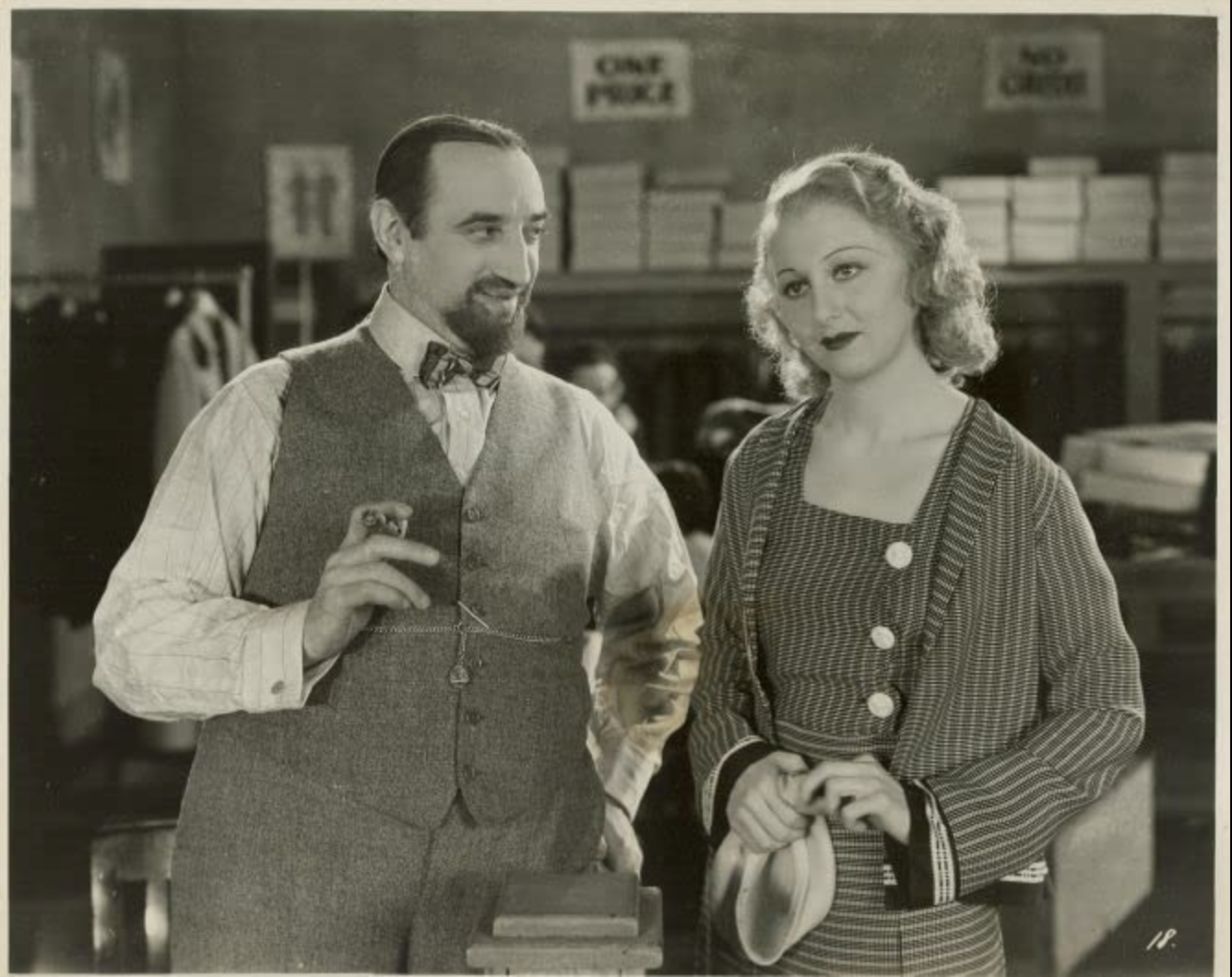 <p>A still from the 1932 movie adaptation of Sholem Asch’s 1918 novel <em>Onkl Moses</em> <em>(Uncle Moses</em><em>)</em>, in which a wealthy sweatshop owner (left, played by Maurice Schwartz) leverages his financial power to groom his employee’s daughter for marriage (right, played by Judith Abarbanel).</p>