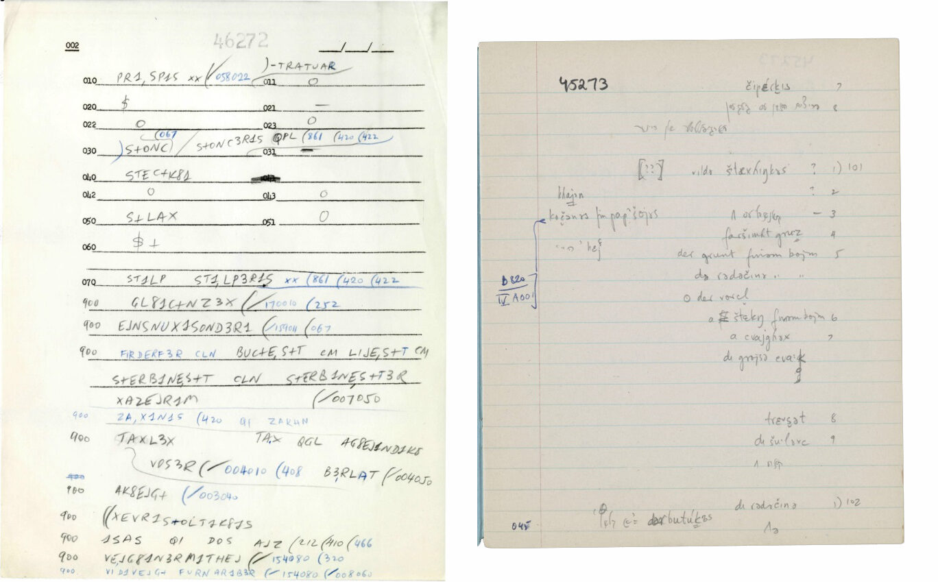 <p>Examples of questionnaire pages for the Language and Culture Archive of Ashkenazic Jewry (LCAAJ), which consists of field interviews recorded between 1959 and 1972 with Yiddish-speaking informants conducted by Columbia University’s Department of Linguistics.  Learn more <a href="https://ingeveb.org/blog/yiddish-linguistics-and-digital-humanities-a-conversation-with-michelle-chesner-about-the-digitization-of-the-language-and-culture-atlas-of-ashkenazi-jewry-archive-at-columbia-university?token=W6VCjPg_VD0mVDoEzNDmlk_uRHC_TQJv&amp;x-craft-live-preview=7d6f0585ec4e23508f010a425c8437cbc21c4ed66a0a6e55cd455c322bceef2fxccandwddk">here</a>.  Image courtesy of Columbia University Libraries.</p>