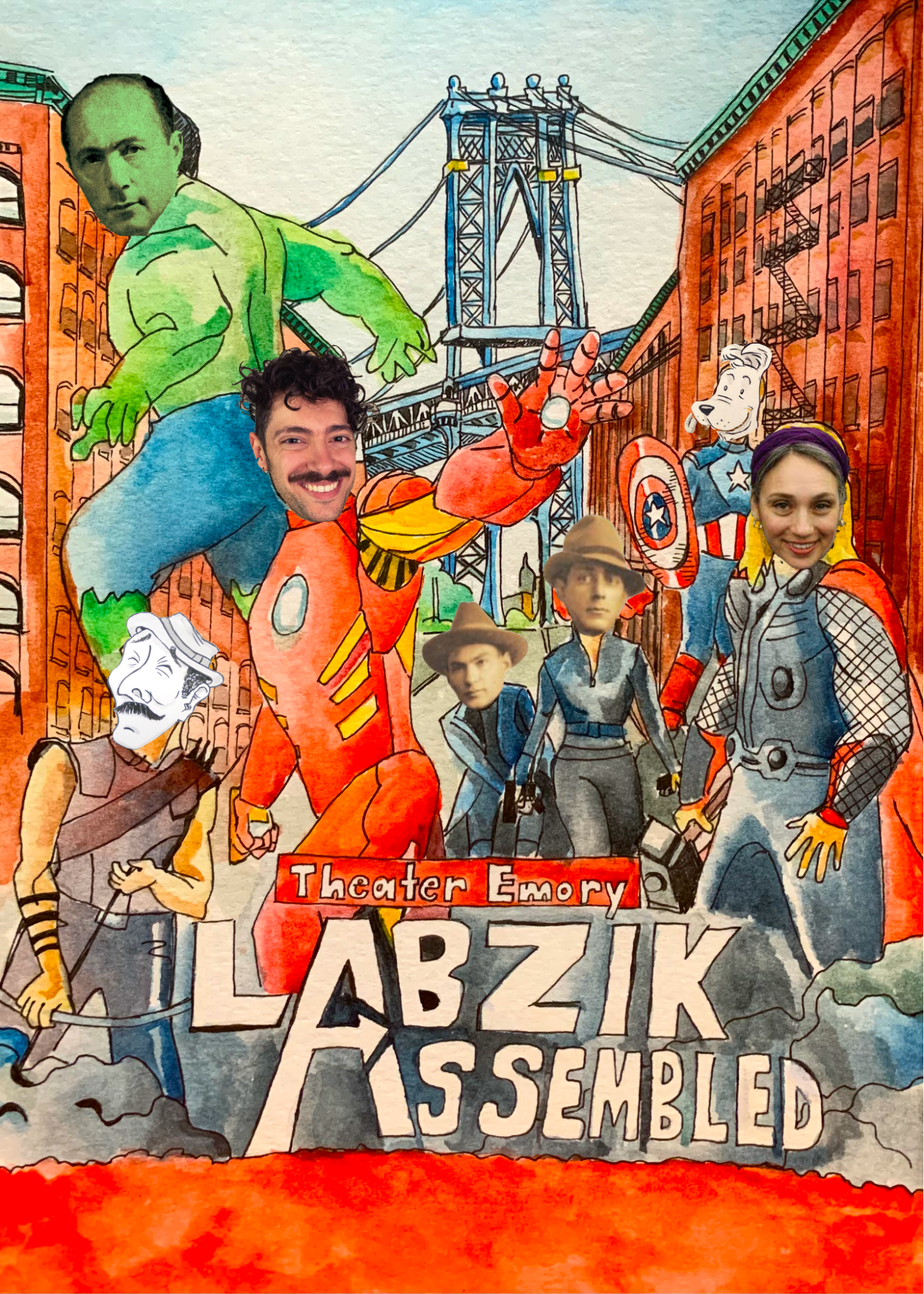 <p>A watercolor parodying the The Avengers theatrical release poster featuring Chaver Paver as The Hulk, Jake Krakovsky as Iron Man, Labzik the Clever Pup as Captain America, Miriam Udel as Thor, Yosl Cutler as Nick Fury, Zuni Maud as Black Widow, and Berl the Garment Worker as Hawkeye. Artwork by Cameron Bernstein.<br></p>