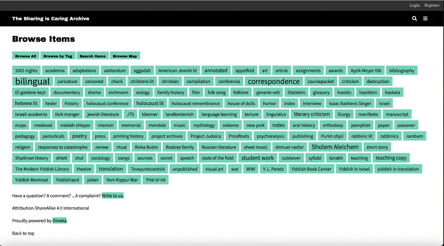 <p>The Lerer Roskes Archive: Tag cloud. <a href="https://archive.yiddish.nu/items/tags" target="_blank" rel="noreferrer noopener">https://archive.yiddish.nu/items/tags</a>.</p>