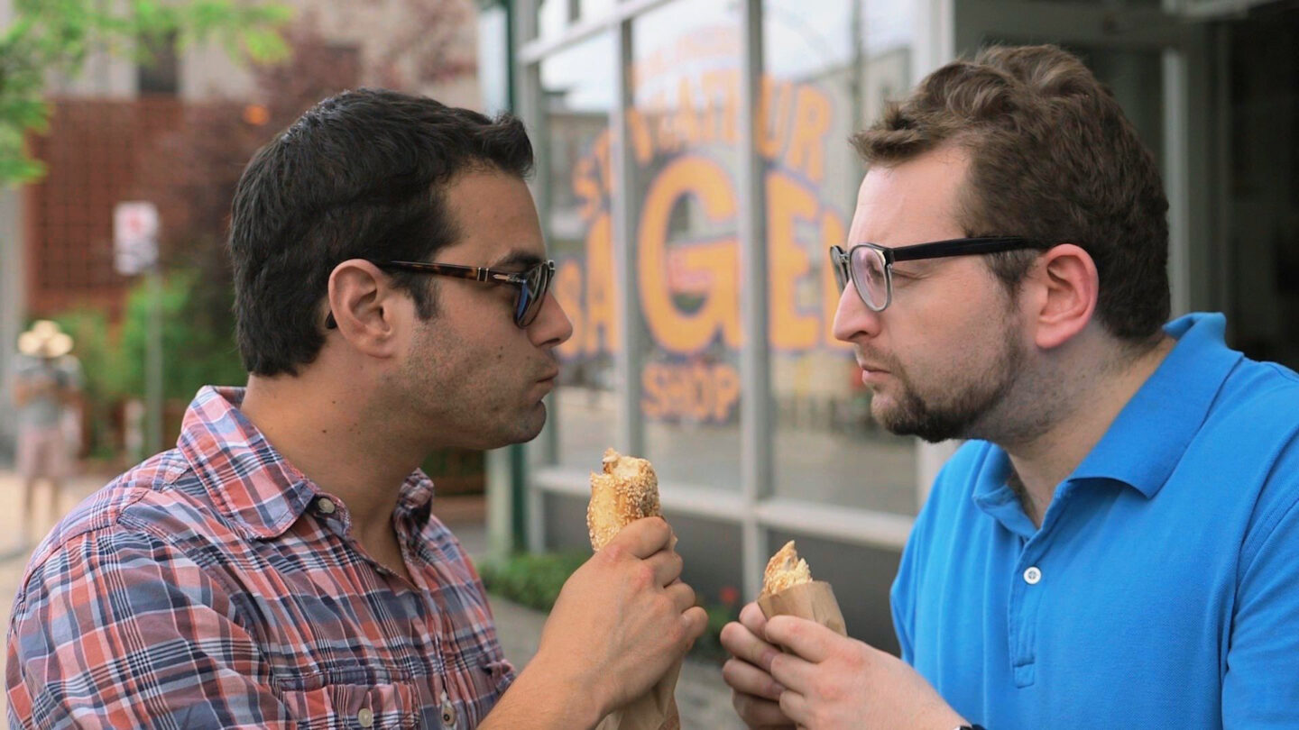 <p>Jamie Elman and Eli Batalion with Montreal bagels. (Courtesy <em>Yidlife Crisis</em>.)</p>