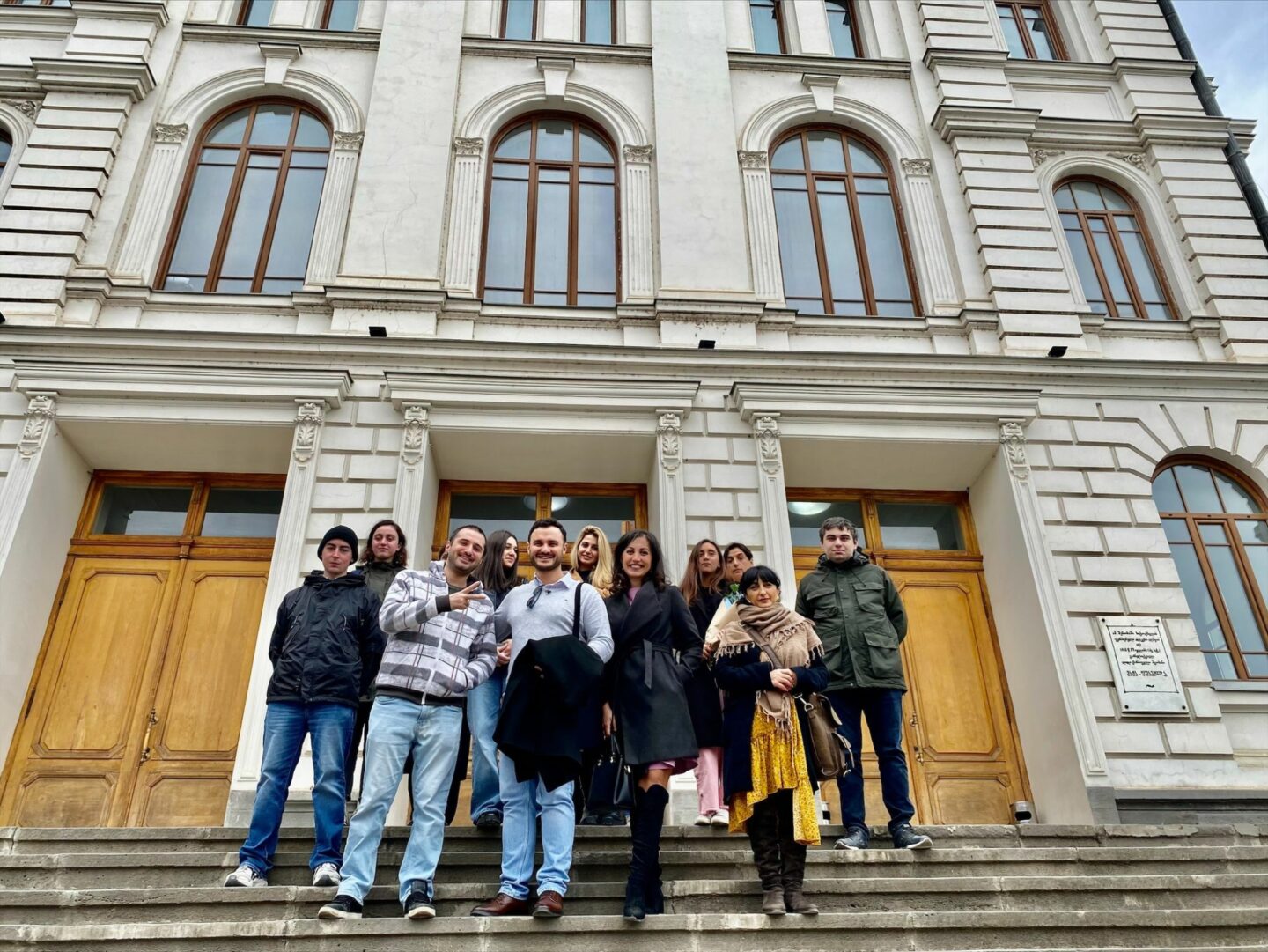 <p>The first group of Yiddish students in Georgia, standing in front of the Ivane Javakhishvili Tbilisi State University (TSU).</p>