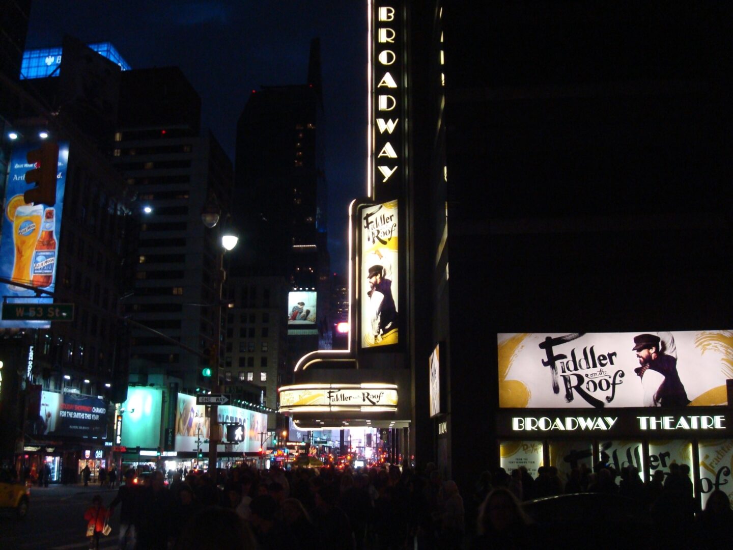 <p>The marquee for <em>Fiddler, </em>outside the Broadway Theatre in NYC (credit: Michael Yashinsky)</p>