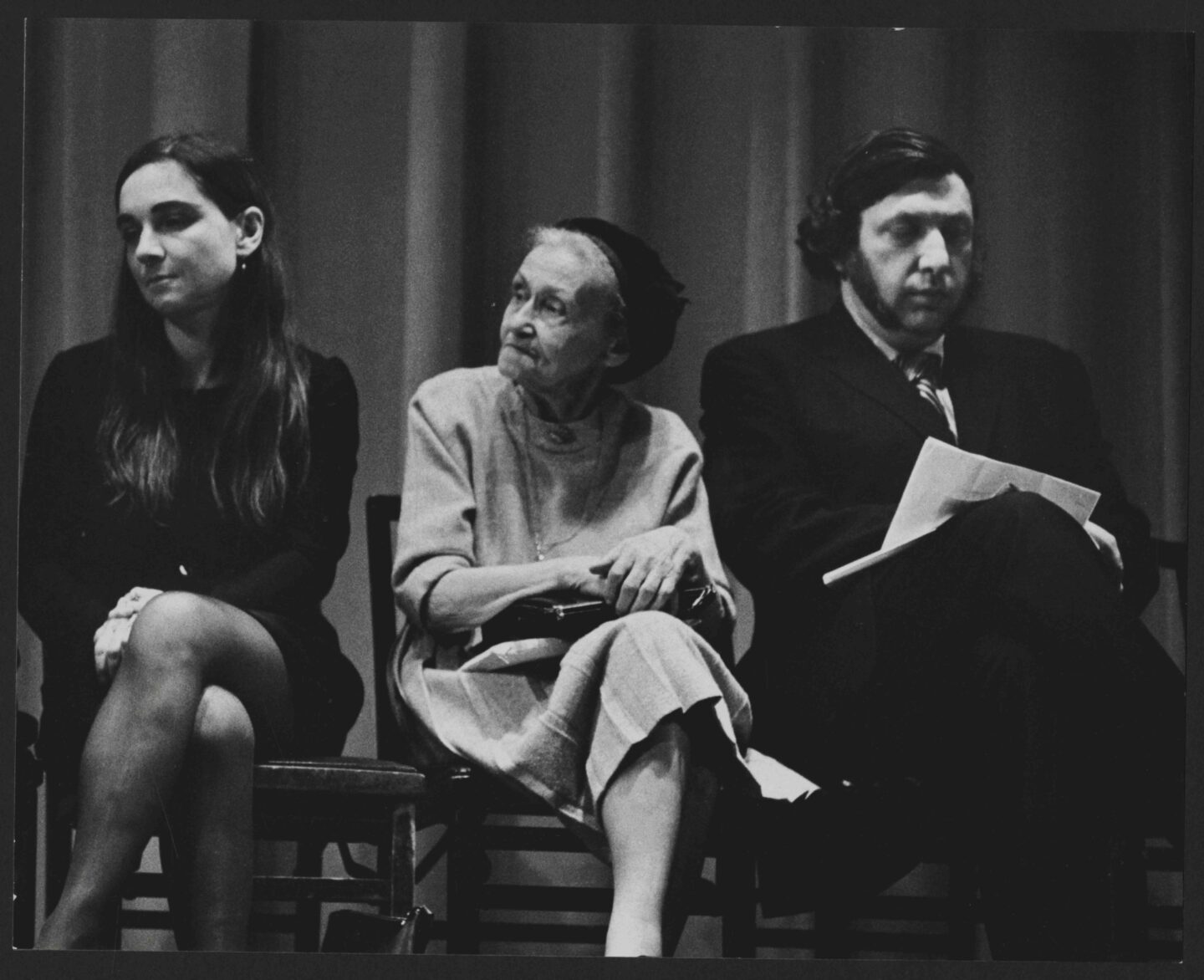 <p>Kadia Molodowsky seated between Adrienne Rich and John Hollander at a reading at the 92nd Street Y on November 2, 1969. Photo © Arnold Chekow (used with permission).</p>