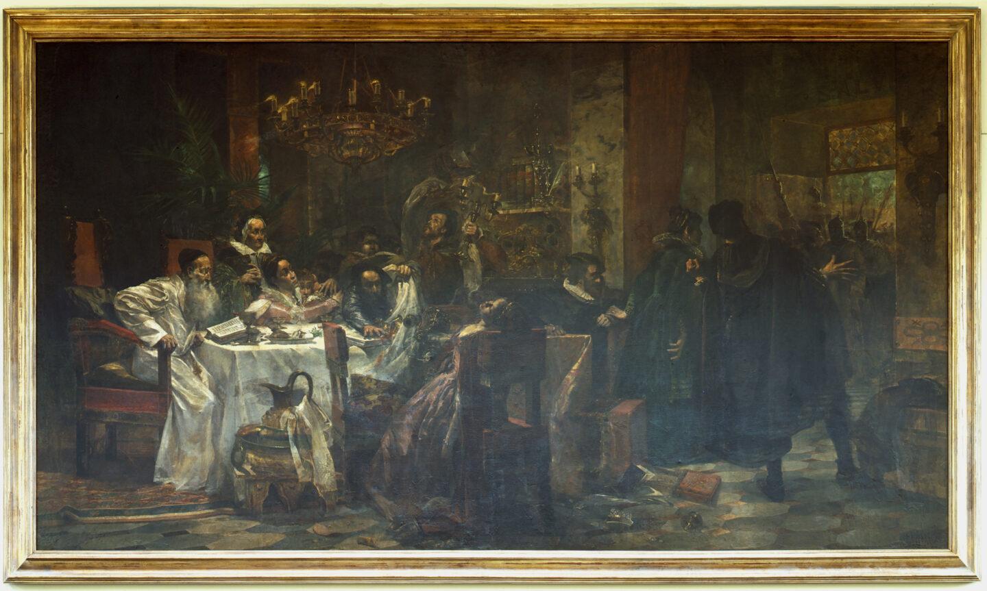 <p>Moses Maimon (Russian, 1860–1924), The Marranos, 1893, oil on canvas, 108 x 192 in. (274.3 x 487.7 cm). Derfner Judaica Museum + The Art Collection, Gift of Manufacturers Hanover Trust, HHAR 431. Used by permission.</p>