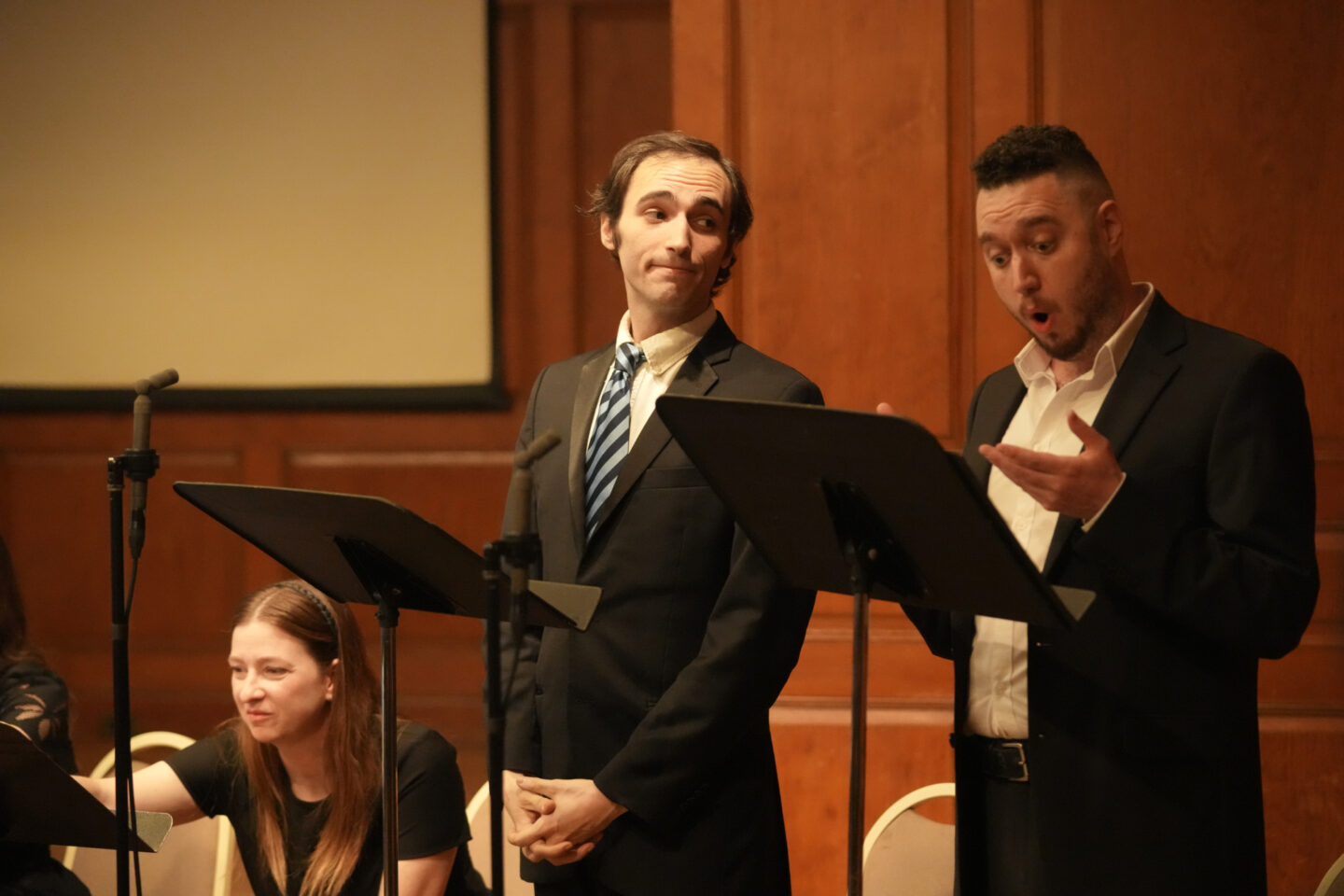 <p>Yudel Mark (Jason Weisinger, left) with Max Weinreich (Gideon Dabi, right)</p>