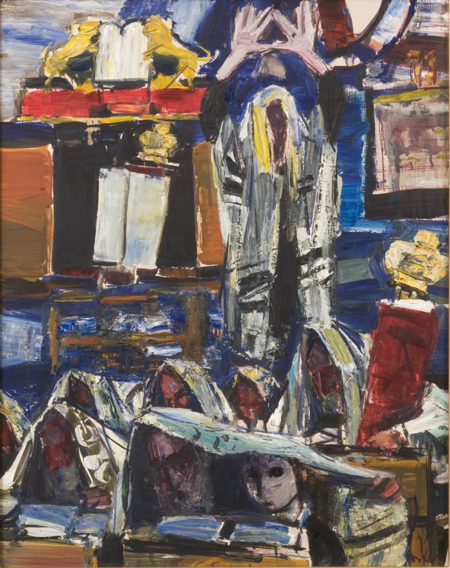 <p>Zygmunt Menkes (b. Lemberg, Austro-Hungarian Empire, now Lviv, Ukraine, 1896–d. Bronx, New York, 1986), <em>Cohanim Blessing</em>, ca. 1940s. Oil on canvas, 30 x 22 1/2 in. Derfner Judaica Museum + The Art Collection, gift of Erica and Ludwig Jesselson and Family in Memory of Leo Forchheimer, HHAR 1007.</p>