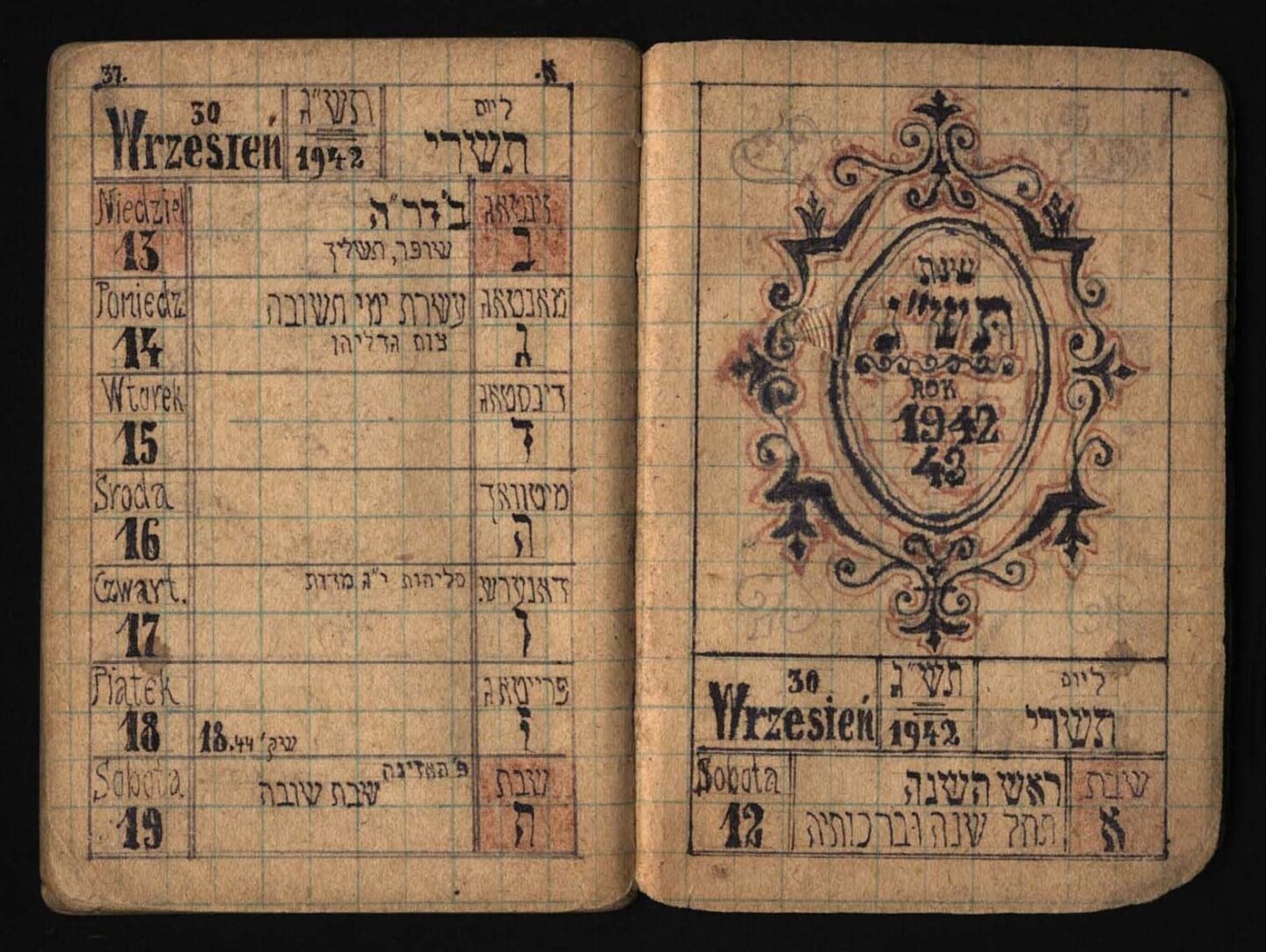 <p>Rabbi Shlomo Yosef Scheiner’s magnificently calligraphed calendar for the Jewish year 5703, in Hebrew, Polish, and Yiddish. </p>