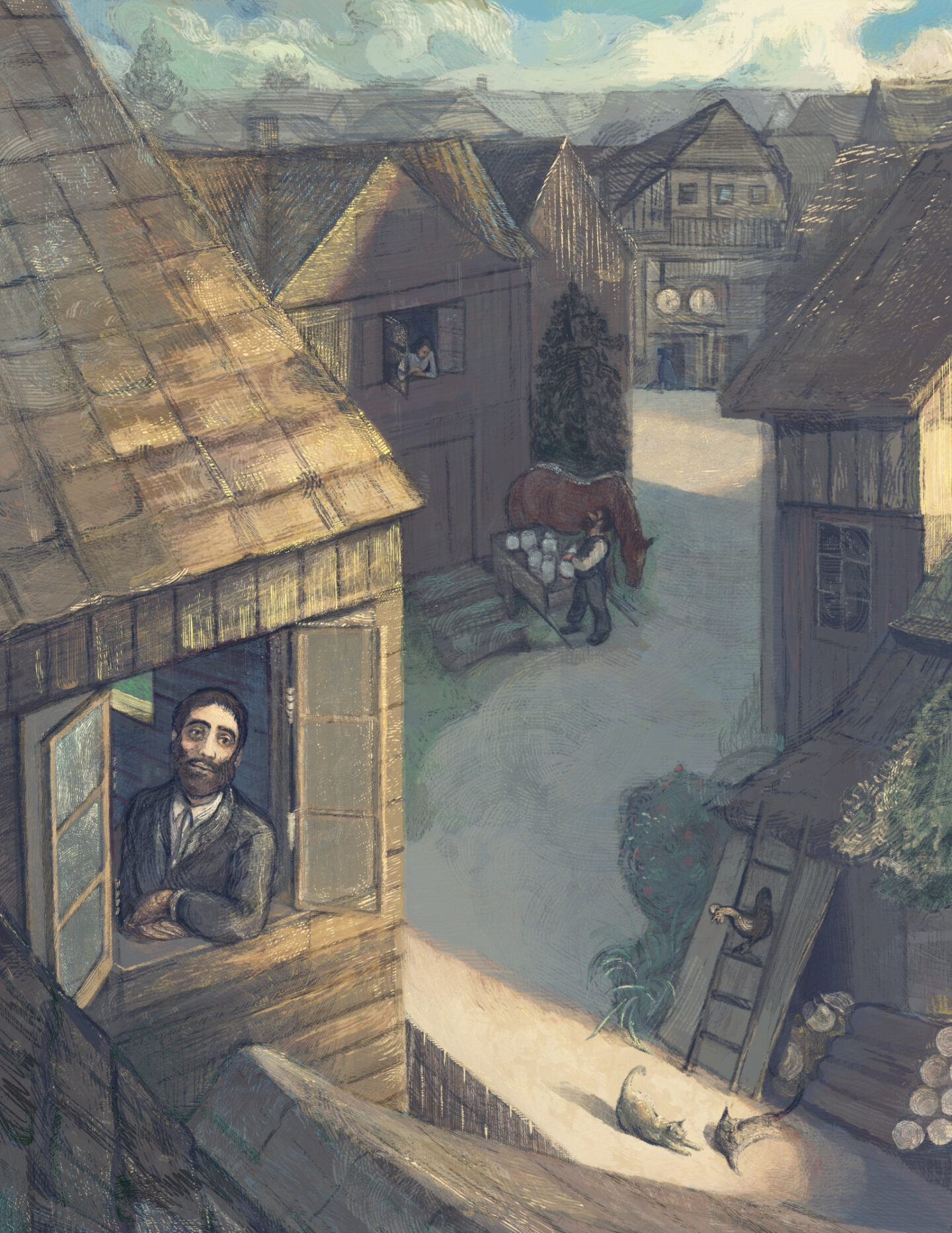 <p>Illustration by Yehuda Blum, from <em><a href="https://yiddishchildrensbooks.com/products/the-clever-little-tailor-by-solomon-simon" target="_blank" rel="noreferrer noopener">The Clever Little Tailor</a> </em>by Solomon Simon, translated by David Forman, a bilingual children’s novel published by <em>Kinder-loshn Publications</em> earlier this year.</p>