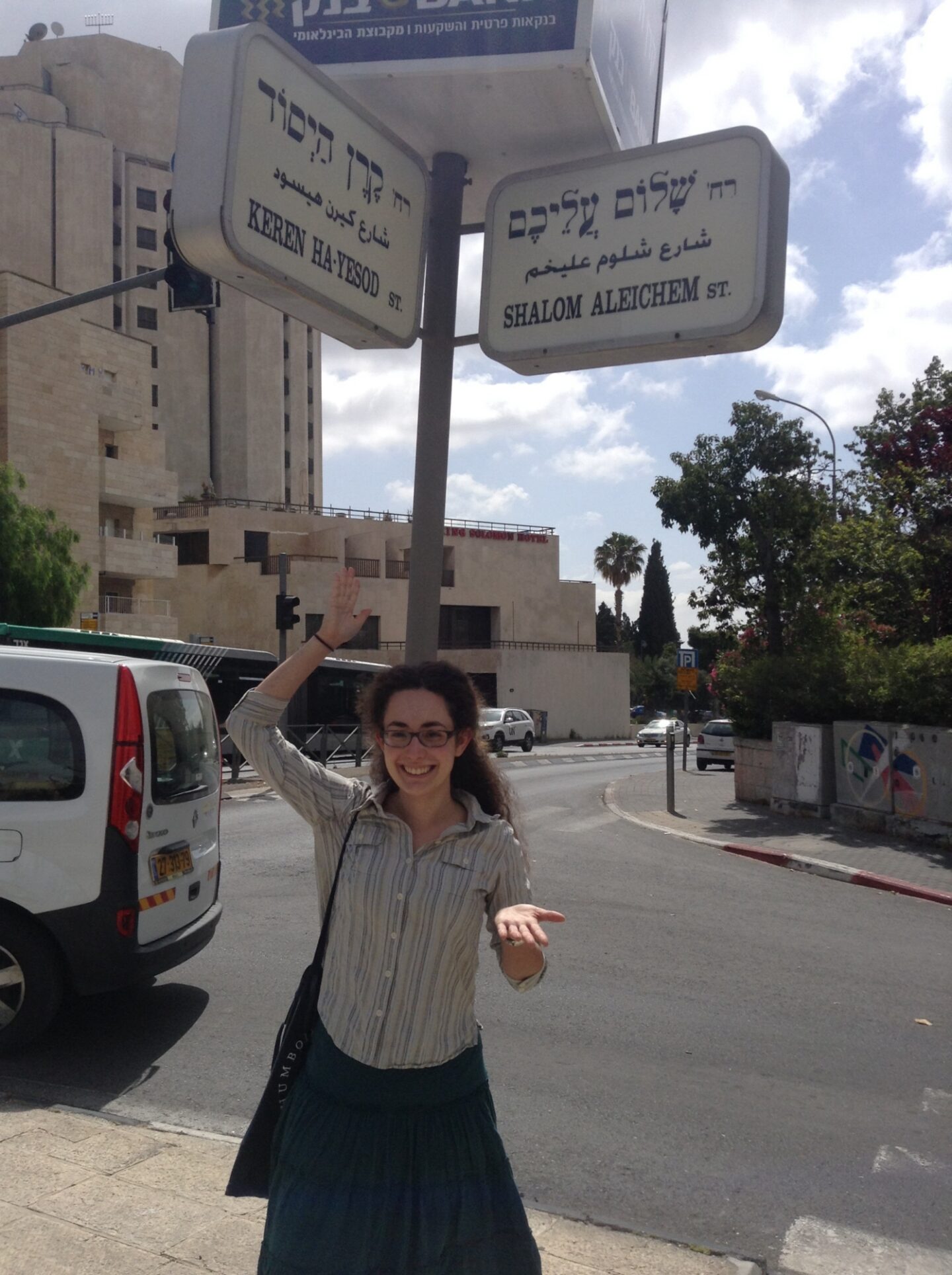 <p>Sonia Gollance at a “classic” Jerusalem intersection. Photo courtesy Sebastian Schulman</p>