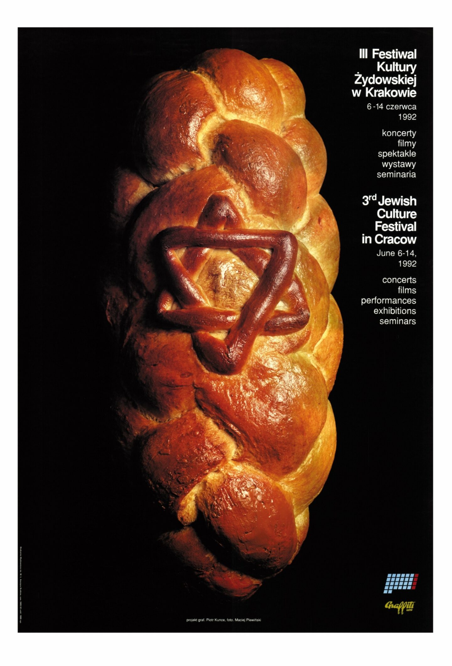 <p>A special-baked challah takes center stage on the 1992 poster of the third Jewish Culture Festival in Krakow. Experience the 32nd iteration of the event between June 28th and July 2nd this year.<br></p>