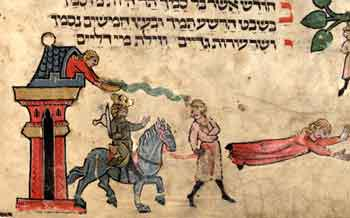 <p dir="ltr">Leipzig Mahzor, ca. 1320</p>
<p>In a bit of Purim humor, Haman’s daughter pours out a full chamber pot on Haman’s head, mistaking him for Mordechai, who is parading as king for a day as a reward for saving the king’s life. According to the <a href="https://www.sefaria.org/Megillah.16a.11?lang=en&amp;with=all&amp;lang2=en" target="_blank" rel="noreferrer noopener">Midrash </a>on which the illustration is based, this leads Haman’s daughter to suicide (illustrated here as the fallen figure to the right of Haman). (With thanks to this <a href="https://www.sefaria.org/sheets/480171?lang=bi" target="_blank" rel="noreferrer noopener">Sefaria source sheet </a>by Joel Duman and Jo Milgrom<em>)</em></p>