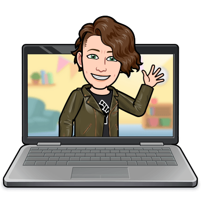 <p>A bitmoji cartoon of freygl smiling with faer head popping out of a laptop screen. The character has pale skin, brown curly hair, an undershave, green eyes, black tshirt with the Black Lives Matter fist, under a green jacket.</p>