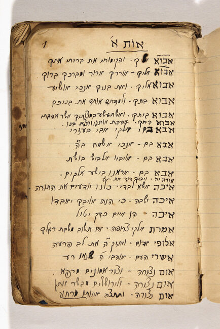 <p>Notebook of Israel Kessler, a <em>badkhn</em> (wedding entertainer) containing an alphabetically arranged list of words and phrases excerpted from various parts of the Bible, psalms, Prophets, starting with the letter Aleph (first letter of the Hebrew alphabet). Handwritten, Hebrew. Source: <a href="http://polishjews.yivoarchives.org/archive/index.php?p=digitallibrary/digitalcontent&amp;id=2481#">YIVO</a></p>
