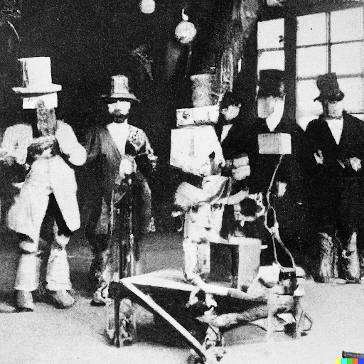 <p dir="ltr">Black and white photograph of a group of robots in top hats staring at the camera. In the foreground is a podium-like structure holding a wee bot.<br></p>