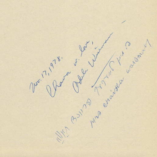 <p>Inscription from Adele Wiseman and her mother Chaika to Chava Rosenfarb in the overleaf of Wiseman’s book, Nov. 17, 1978. Courtesy of Goldie Morgentaler. </p>