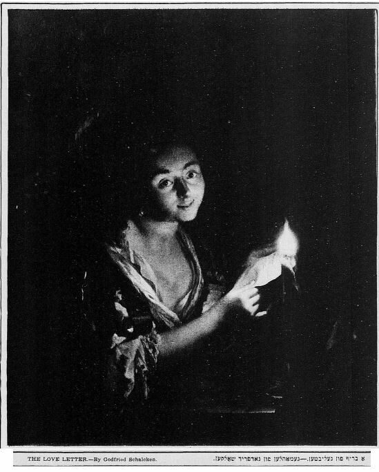 <p>A Girl Reading a Letter (1687), painting by Godfried Schalcken, as reprinted in the <em>Forverts</em> in 1927</p>
