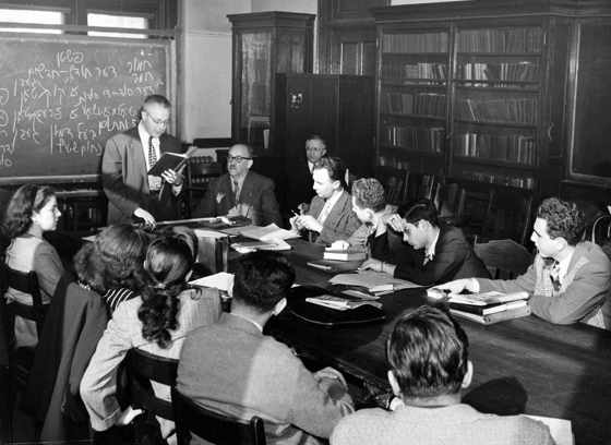 <p>Max Weinreich (father of Uriel), teaching Yiddish at City College in New York (YIVO) </p>
