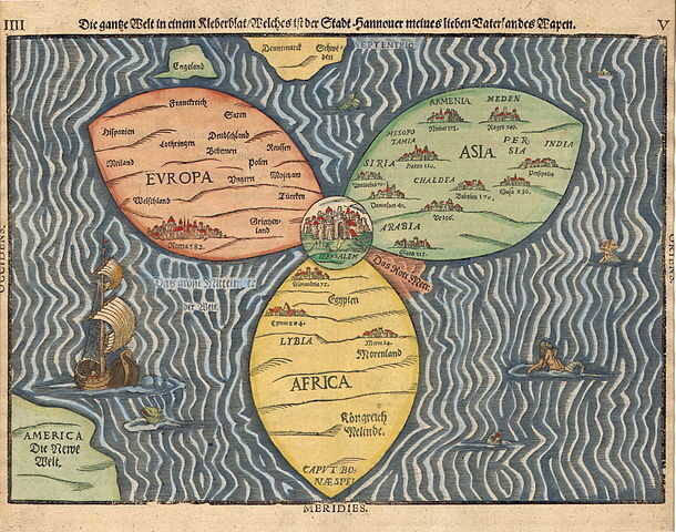 <p>The World in a Clover Leaf (Heinrich Bünting, via Wikimedia Commons)</p>