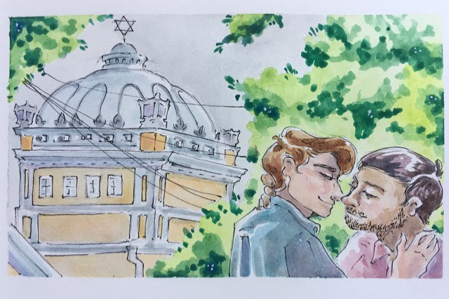 <p>“Khoral Kiss,” Joseph Heller. Watercolor and pen.</p>