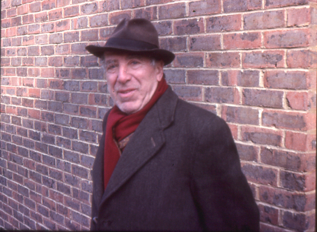 <p>A. N. Stencl outside his East London flat, taken in 1977 by Shloimy Alman.</p>