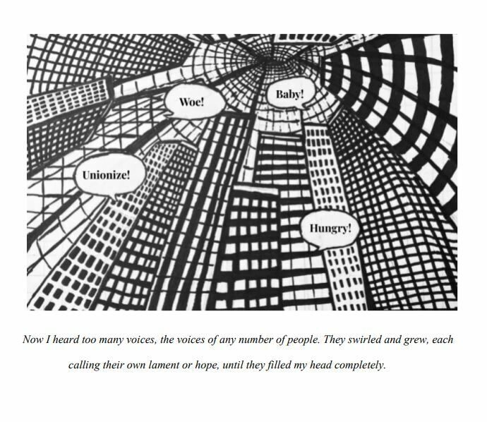 <p>Image from Rachel Agosto-Ginsburg and Zoe Cloud, <em><a href="https://ingeveb.s3.amazonaws.com/pedagogy/Agosto-Ginsburg-and-Cloud.pdf" target="_blank" rel="noreferrer noopener">Pisherl and Shmuel-Aba Go to Hell</a></em> (an original story inspired by Itsik Manger’s <em>The Book of Paradise), </em>created for the final assignment of Justin Cammy’s colloquium on Yiddish literature and culture in translation at Smith College, Spring 2022.</p>