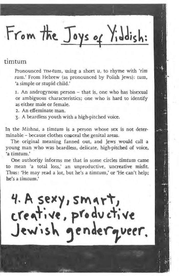 <p>From <em><a href="http://archive.qzap.org/index.php/Detail/Object/Show/object_id/408">TimTum-A Trans Jew Zine</a></em><a href="http://archive.qzap.org/index.php/Detail/Object/Show/object_id/408"></a>, by Micah Bazant (1999)</p>