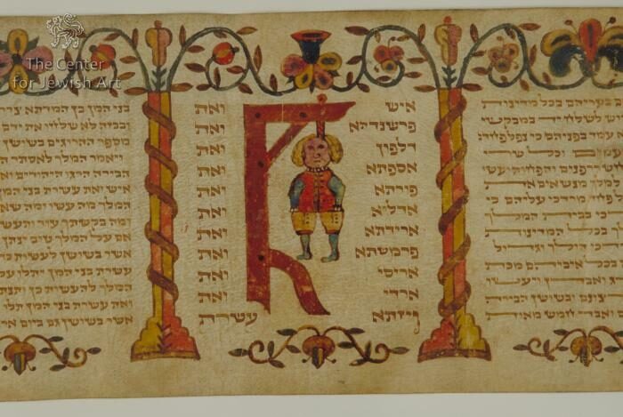 <p>Esther Scroll with Floral Decoration and Hanging of Haman Scene, 18th century, from the collection of the Jewish Historical Museum of Amsterdam, via the <a href="https://cja.huji.ac.il/browser.php?mode=set&amp;id=23770">Bezalel Narkiss Index of Jewish Art</a>.</p>