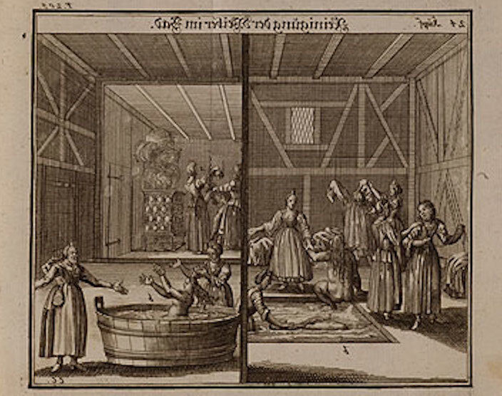 <p>Illustration of women using the mikvah, or ritual bath, from <i>Judisches Ceremonial</i> (1726). Rare Book and Manuscript Library, Columbia University.</p>