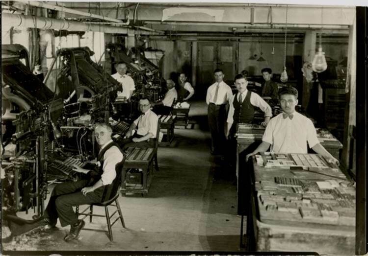 <p>Image of typesetters at work at the <em>Keneder adler</em> printshop, via Jewish Public Library, Montreal</p>