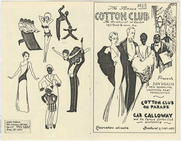 <p>A 1925 promotional flyer from the Cotton Club, home to one of Harlem’s most popular cabarets. <a href="https://digitalcollections.nypl.org/items/974d7e4e-c08f-19c9-e040-e00a18062152" target="_blank" rel="noreferrer noopener">Image</a> courtesy of the New York Public Library. </p>