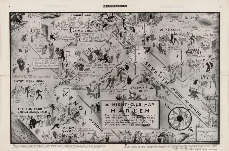 <p>“A night-club map of Harlem.” Elmer Simms Campbell, cartographer. New York: Dell Publishing Company, Inc., 1933. via <a href="https://www.loc.gov/item/2016585261/">Library of Congress Geography and Map Division.</a></p>