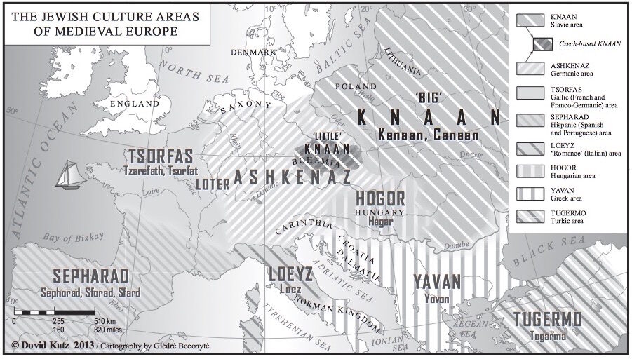 <p>Jewish cultural areas of Medieval Europe. Via <a href="http://dovidkatz.net/dovid/PDFLinguistics/2014_Knaanic_Medieval_Modern_Scholarly_Imagination.pdf">dovidkatz.net</a> © Dovid Katz</p>
