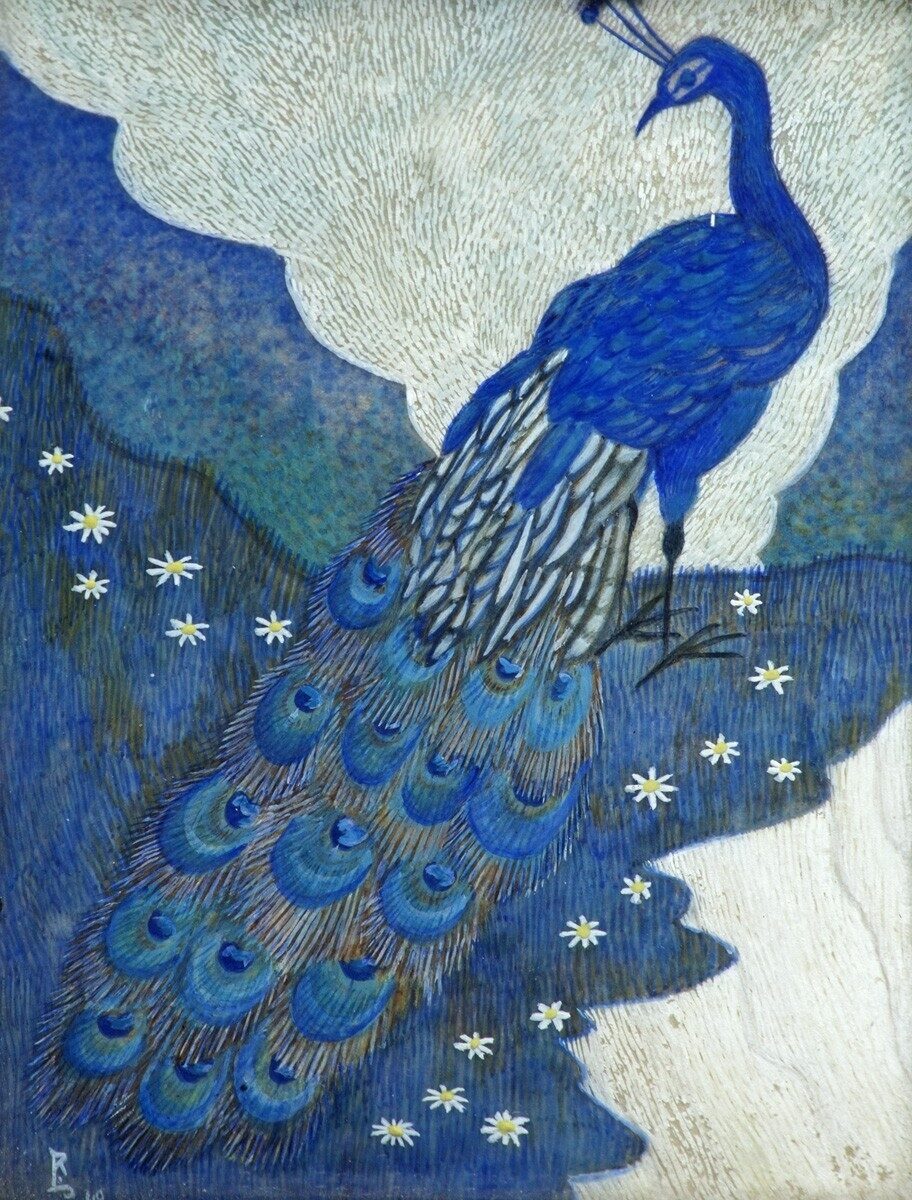 <p>Raymond Lister (1919–2001), <a href="https://artuk.org/discover/artworks/the-peacock-and-the-cloud-232197">The Peacock and the Cloud</a><br>Tempera (?) on ivory<br>Russell-Cotes Art Gallery &amp; Museum</p>