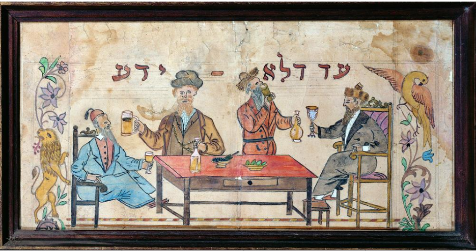 <p "="">Purim painting, untitled. Safed, Israel, 19th century. Hasidic Jews 
celebrating Purim, and the universality of Galitsianer dialect, with a Sephardic Jew (left). Collection of Isaac Einhorn, Tel 
Aviv. (Erich Lessing/Art Resource NY) (Courtesy of YIVO)</p>