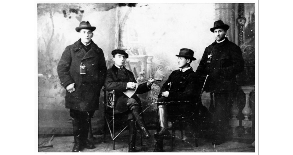 <p>Four young men who put on a Purim play to raise money for the revival of Yiddish, Opatów, Russian Empire (now in Poland), 1905. (YIVO)</p>
