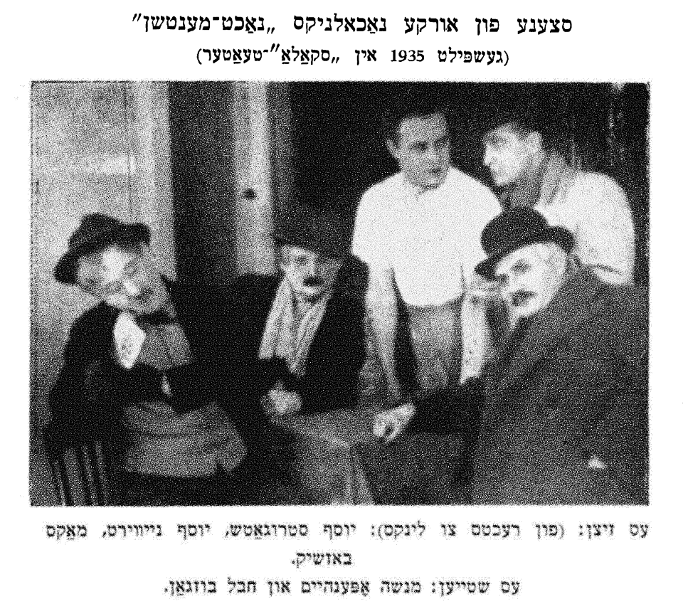 <p>Urke Nachalnik’s play, “Nakht Mentshn” premiered at La Scala on New Years Eve, 1935. Some of the cast: Strugatsh, Bozhik, Openheym, and Bugzan, are pictured in this photograph.</p>